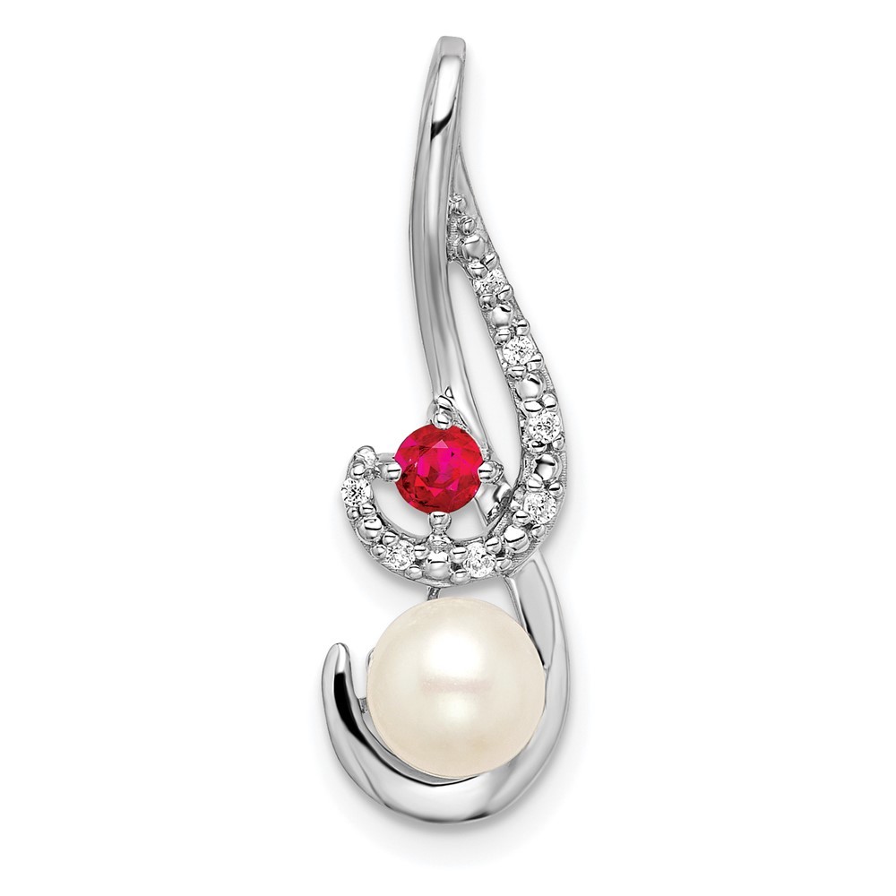 14k White Gold FWC Pearl Ruby - July Birthstone & Diamond Necklace Slide Pendant